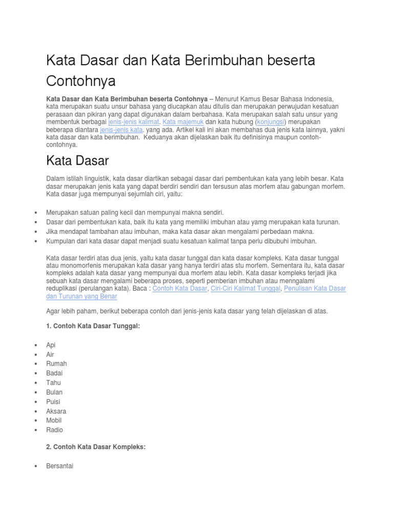 Kata Dasar Dan Kata Berimbuhan Beserta Contohnya