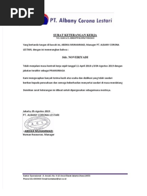 Paklaring Albona PRAMUNIAGA Telah berhenti bekerja dari PT ALBANY CORONA LESTARI.