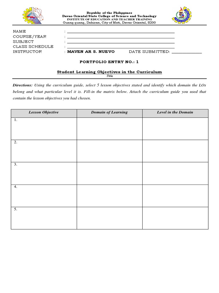 Student Learning Objectives Matrix | PDF | Computers