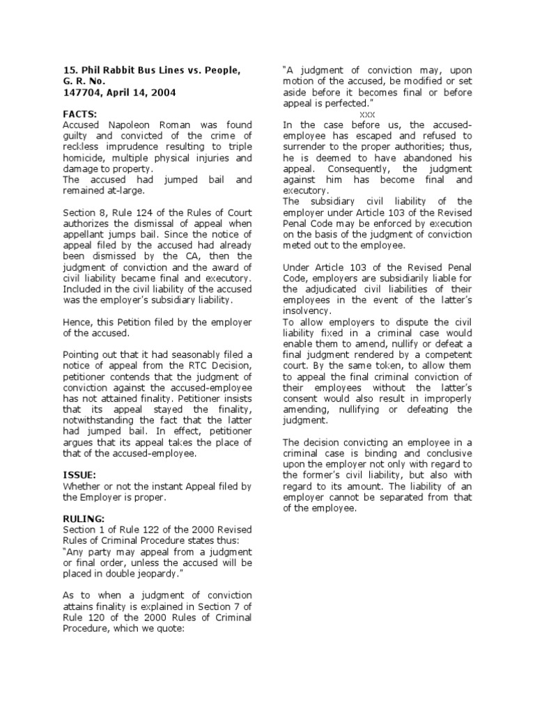 Phil Rabbit Bus Lines vs. People (Rule 120, Digest) | PDF | Bail ...