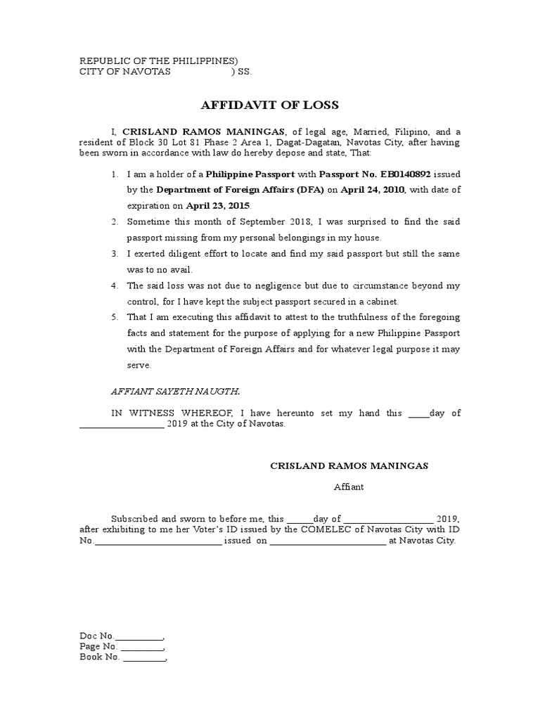 Affidavit of Loss Passport PDF