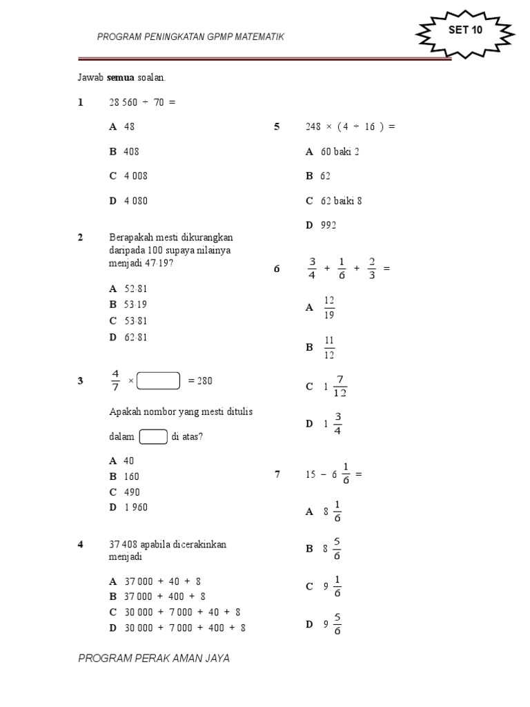 Soalan Matematik Tahun 6 Dan Jawapan