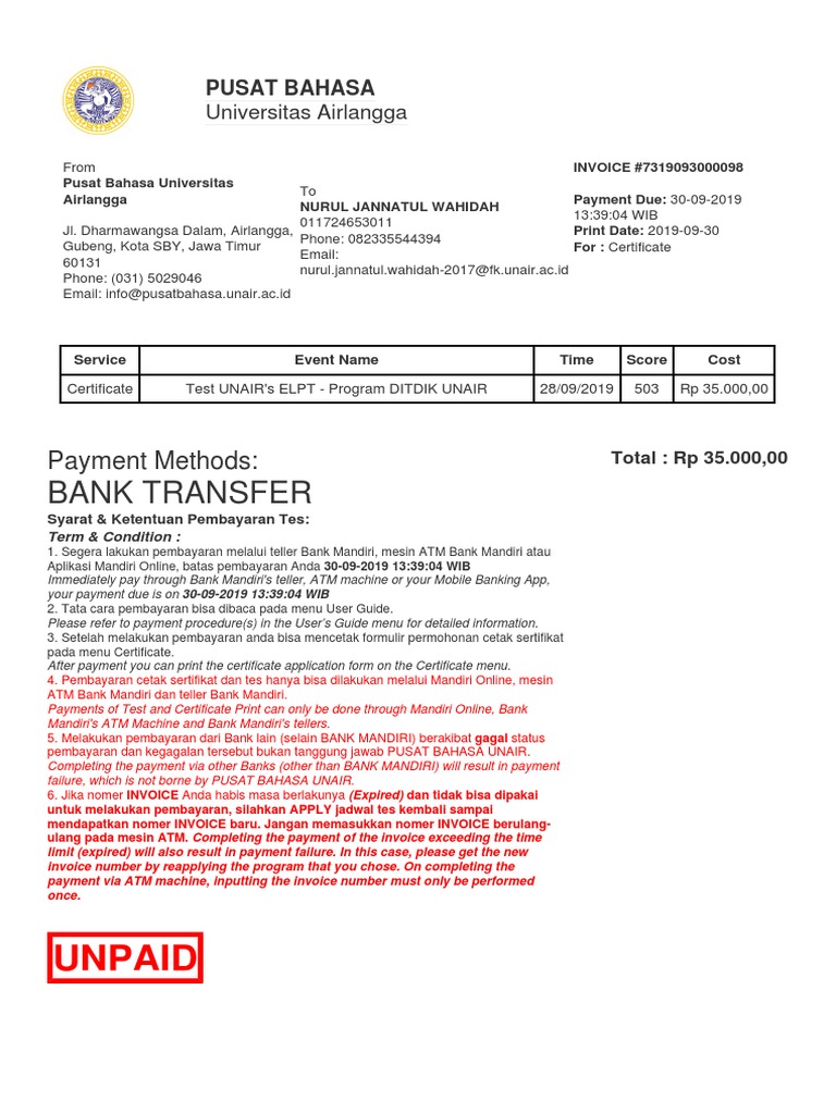 UNAIR ELPT Test Invoice Details | PDF | Services (Economics ...