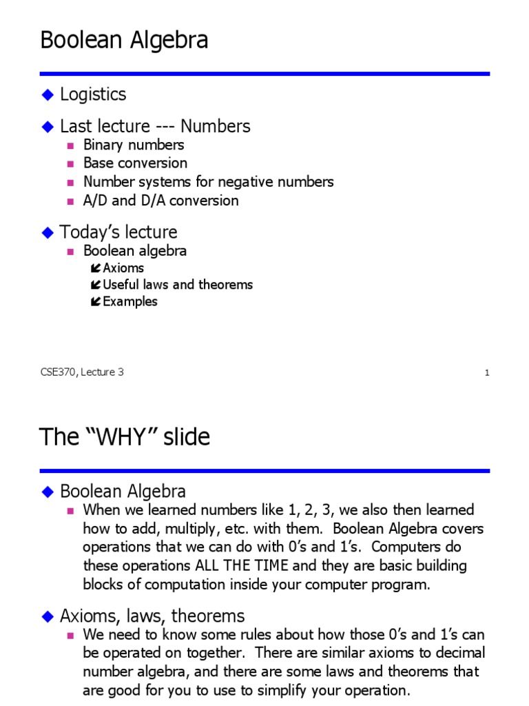Boolean Algebra Basics in CSE370 Lecture | PDF | Boolean Algebra ...