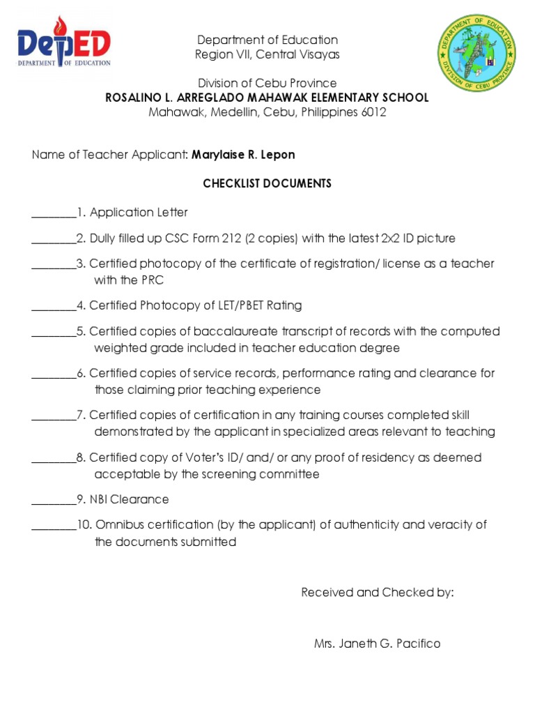 Teacher 1 Application Document Checklist | PDF