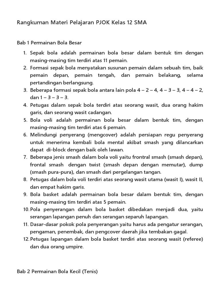 Rangkuman Materi Pelajaran Pjok Kelas 12 Sma