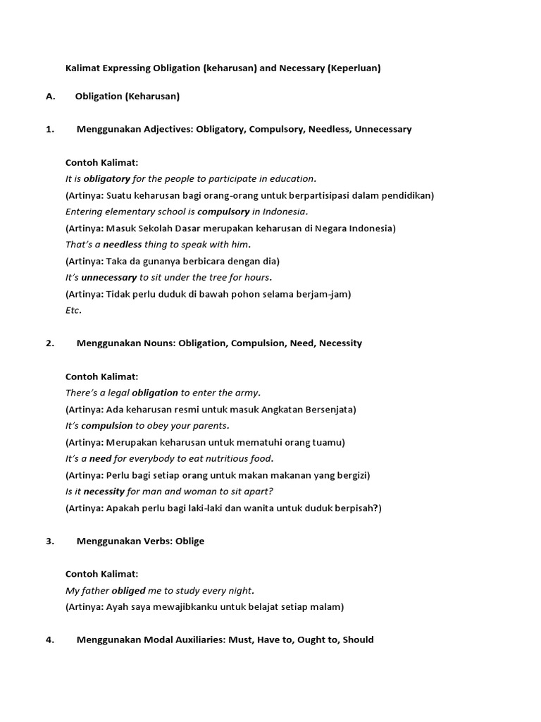Contoh Kalimat Expressing Obligation Docx