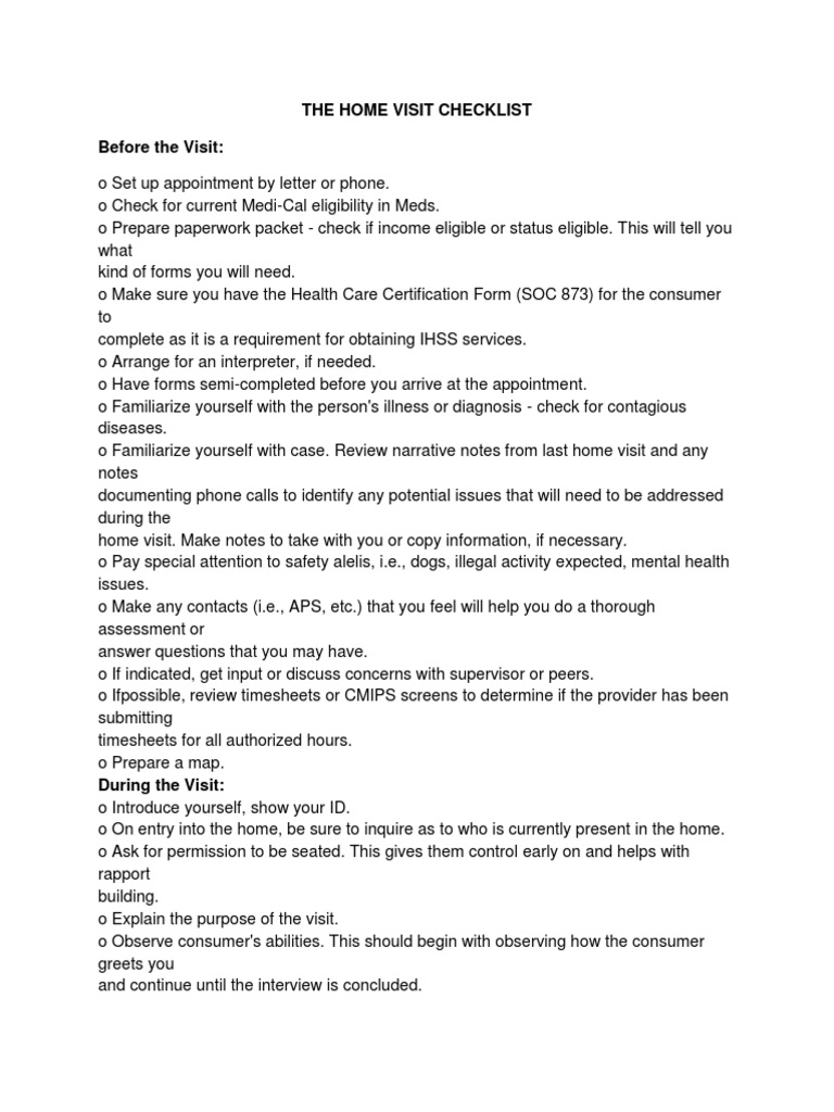 Home Visit Checklist for Social Workers | PDF | Health Care
