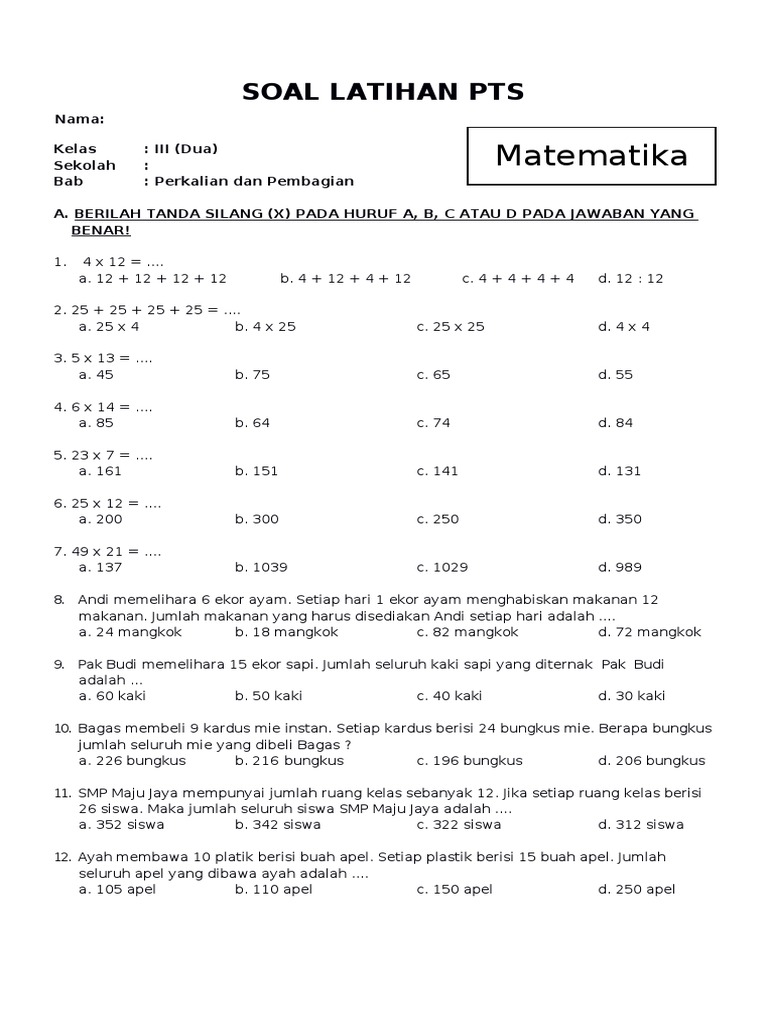 Soal Matematika Kelas 3 Sd Bab 3 Perkalian Dan Pembagian