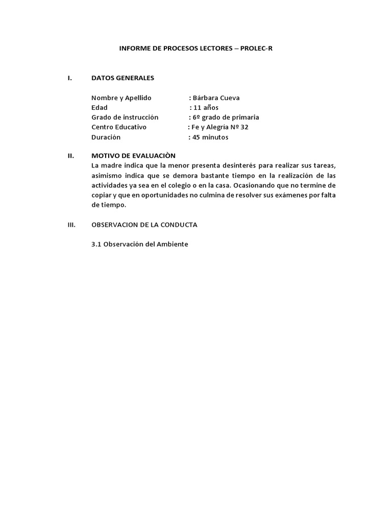 Informe Prolec-R: Evaluación de Lectura | PDF | Salud y bienestar ...