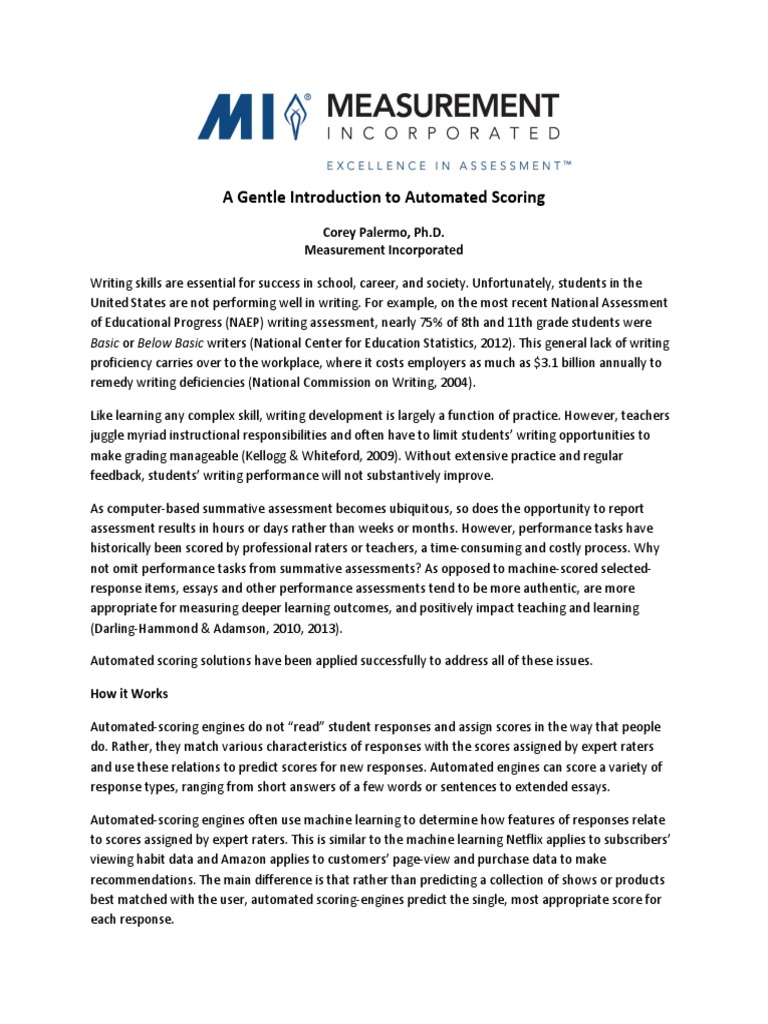 A Gentle Introduction To Automated Scoring Corey Palermo, Ph.D. Measurement Incorporated PDF