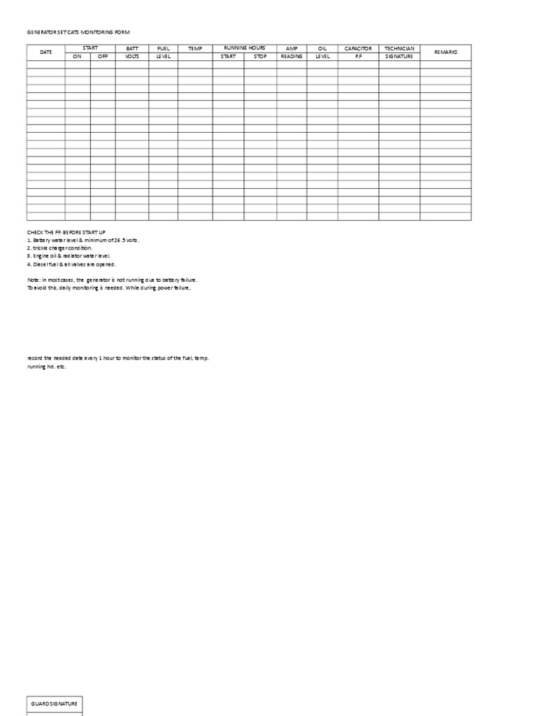 Generator Set Daily Monitoring Form | PDF