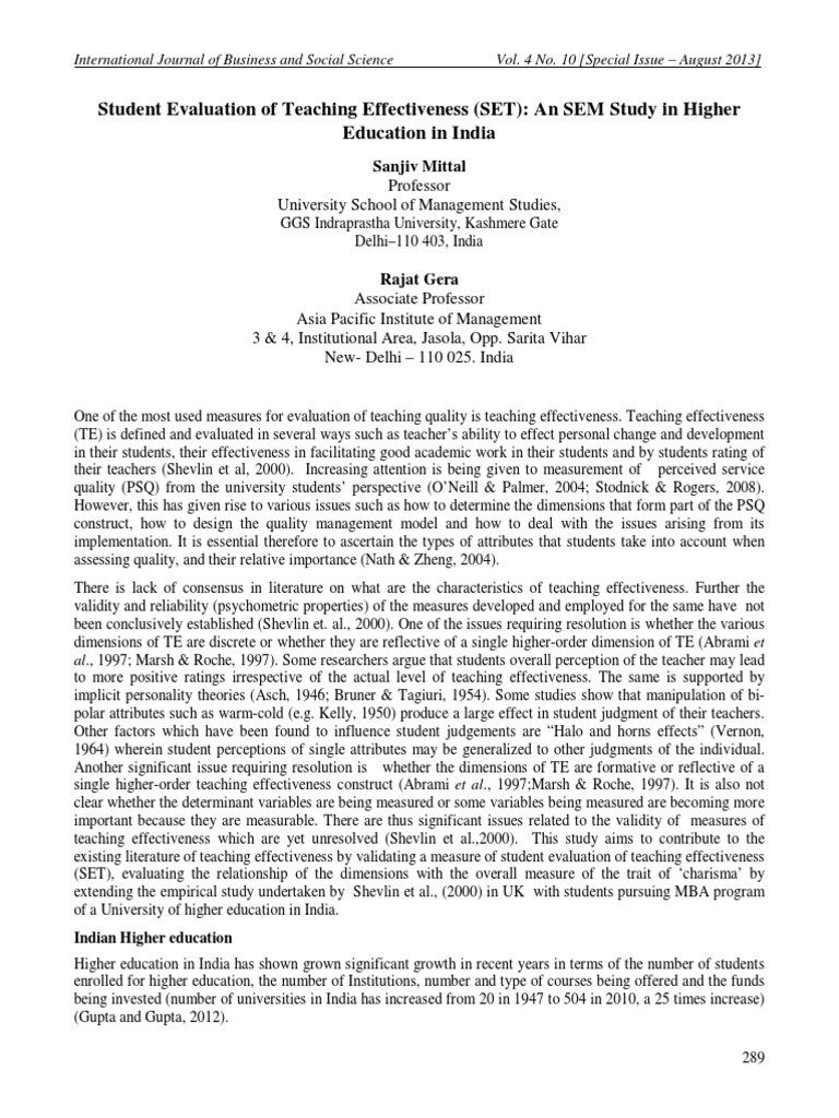 Student Evaluation of Teaching Effectiveness (SET) An SEM Study in ...
