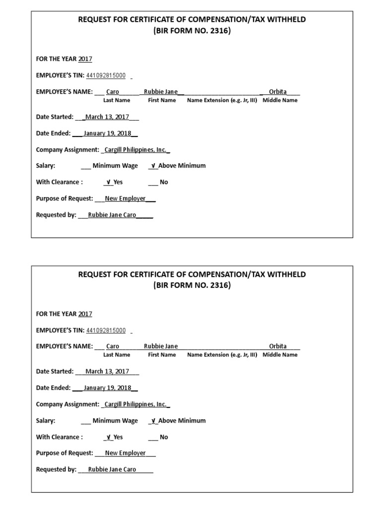 Request For Certificate of Compensation/Tax Withheld (BIR FORM NO. 2316 ...