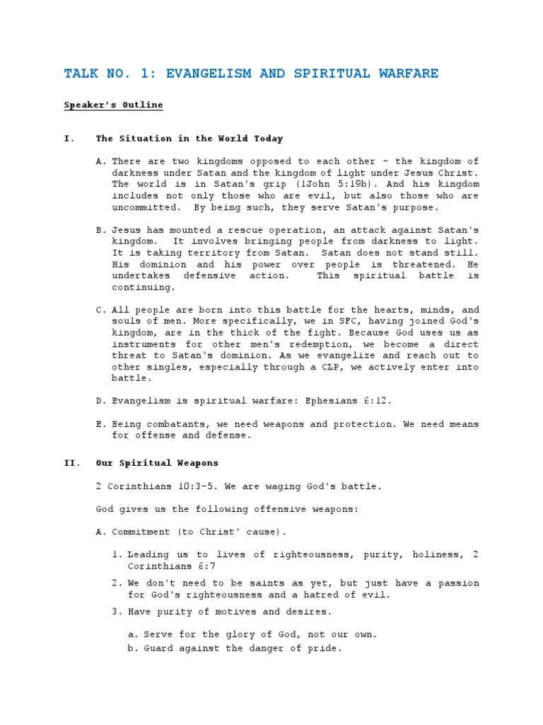Talk No. 1: Evangelism and Spiritual Warfare: Speaker's Outline | PDF ...