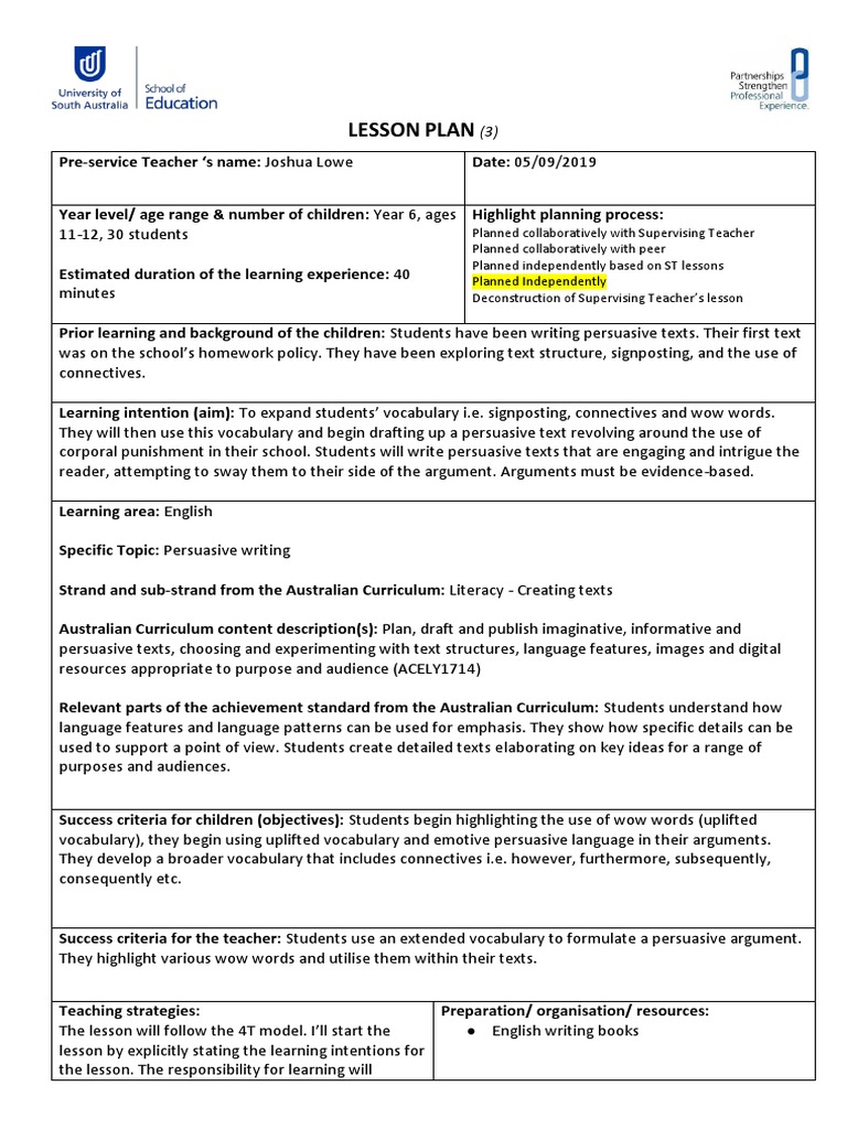 Year 6 Persuasive Writing Lesson Plan | PDF | Vocabulary | Curriculum
