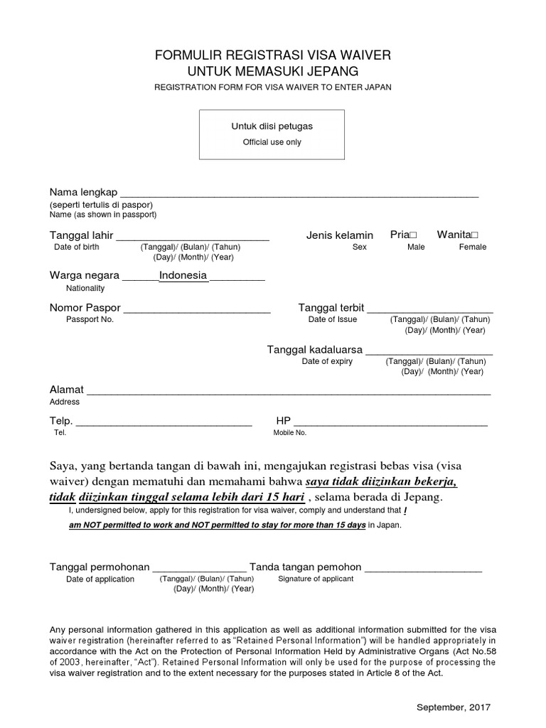 Formulir Registrasi Visa Waiver Untuk Memasuki Jepang PDF Travel