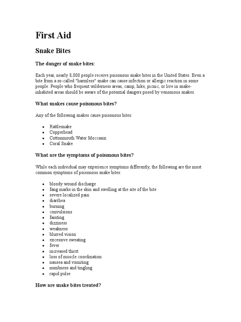 First Aid - Snake Bite | PDF | Epidemiology | Medicine
