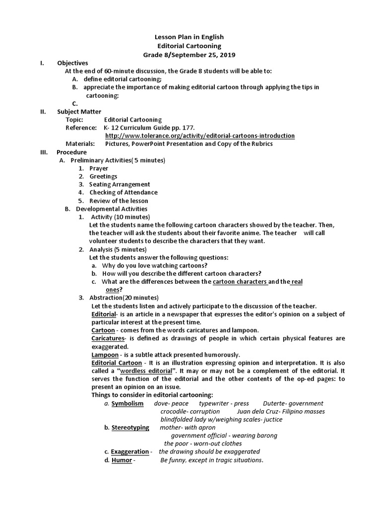 Grade 8 Editorial Cartooning Lesson Plan | PDF | Cartoon | Cartoonist
