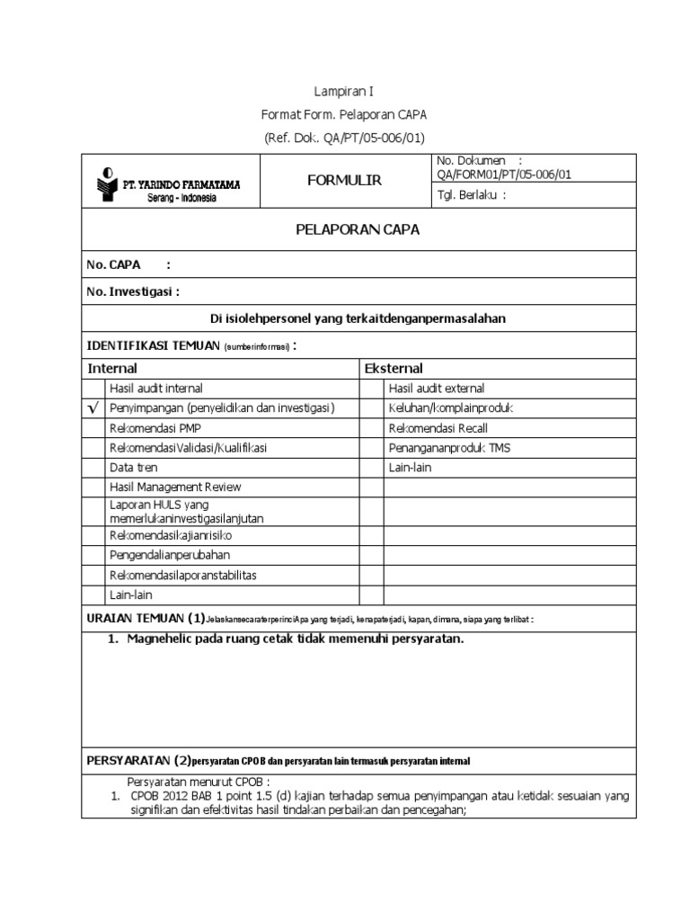 Format Pelaporan CAPA dan Contohnya | PDF