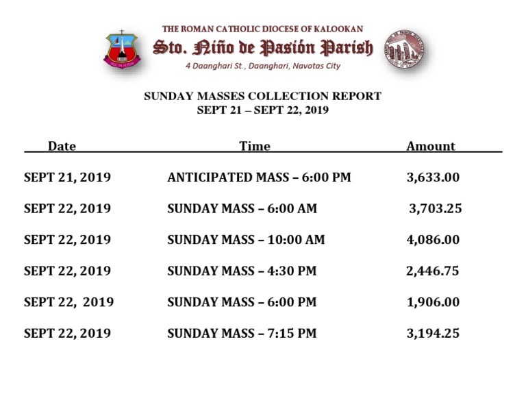 Sunday Mass Collection Report 2019 | PDF | Cooking, Food & Wine