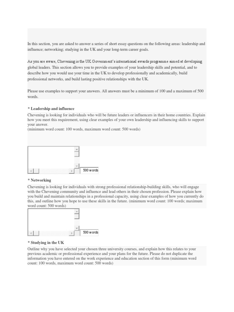 chevening essay questions answers sample