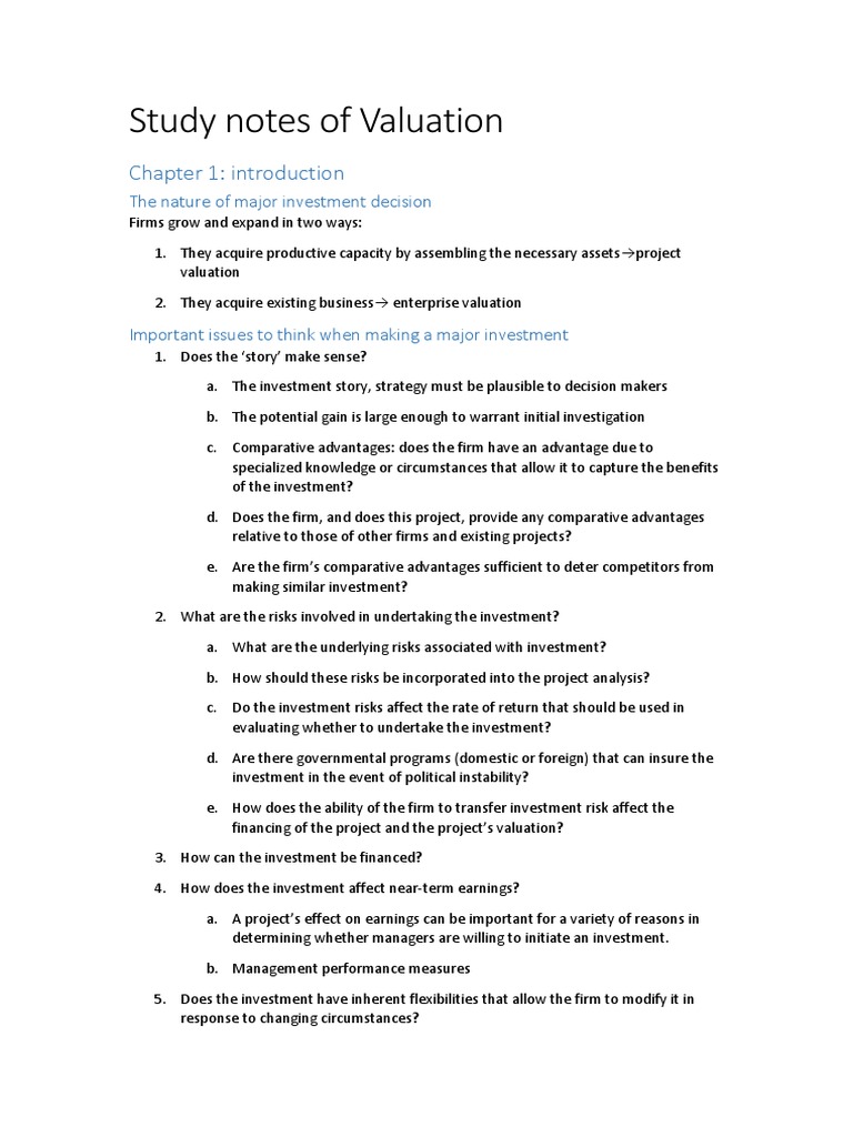 Valuation Study Notes: Investment Analysis | PDF | Discounted Cash Flow ...