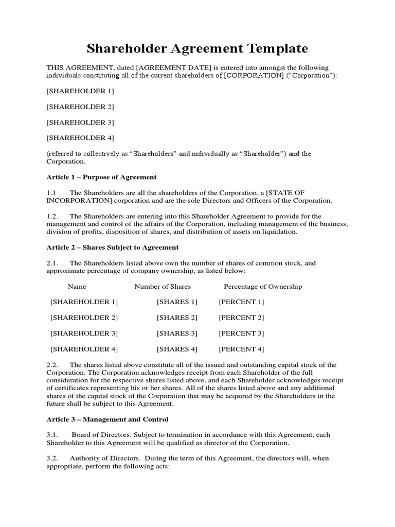 Shareholder Agreement Template | PDF | Liquidation | Corporations