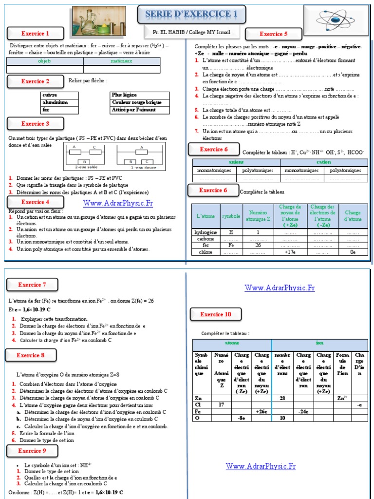 Exercices sur atomes et ions 3ème | PDF | Atomes | Ion