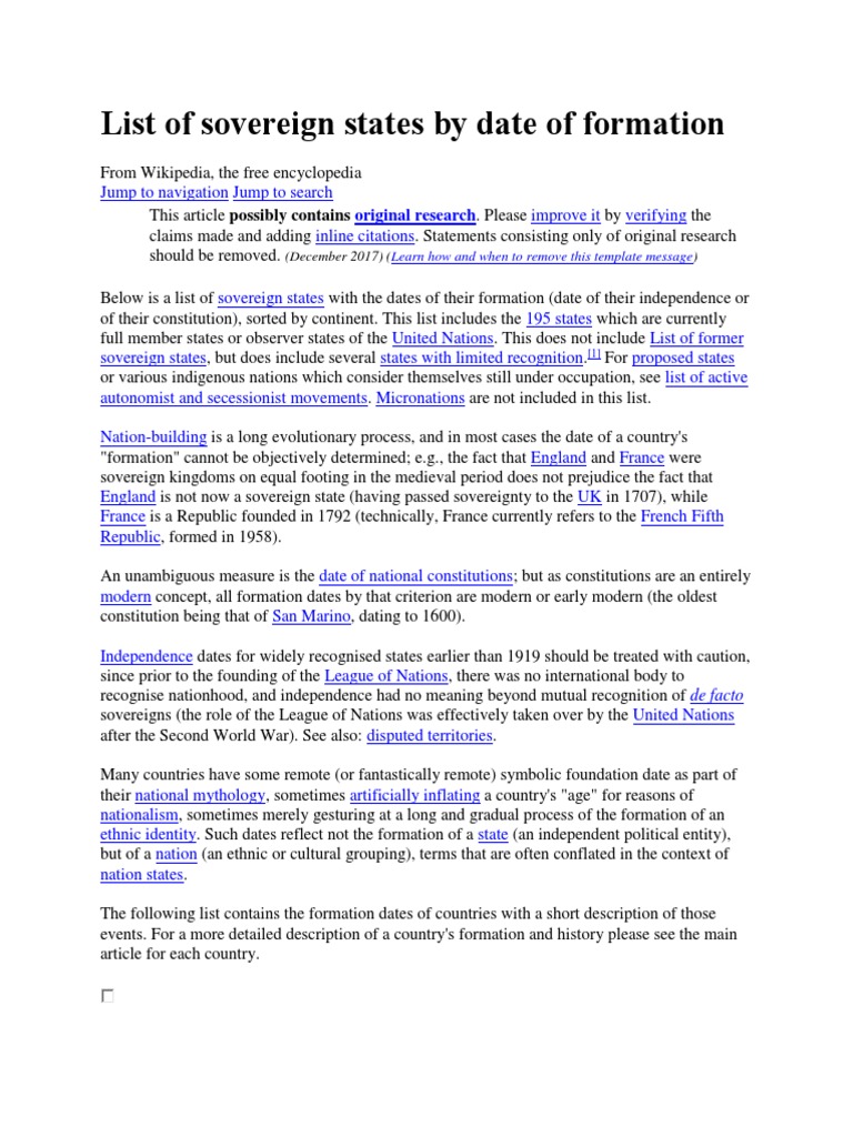 List of sovereign states by date of formation original research pdf