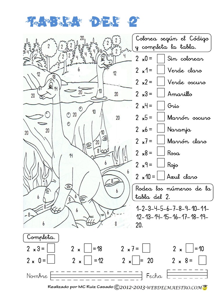Colorea y Completa la Tabla del 2 | PDF