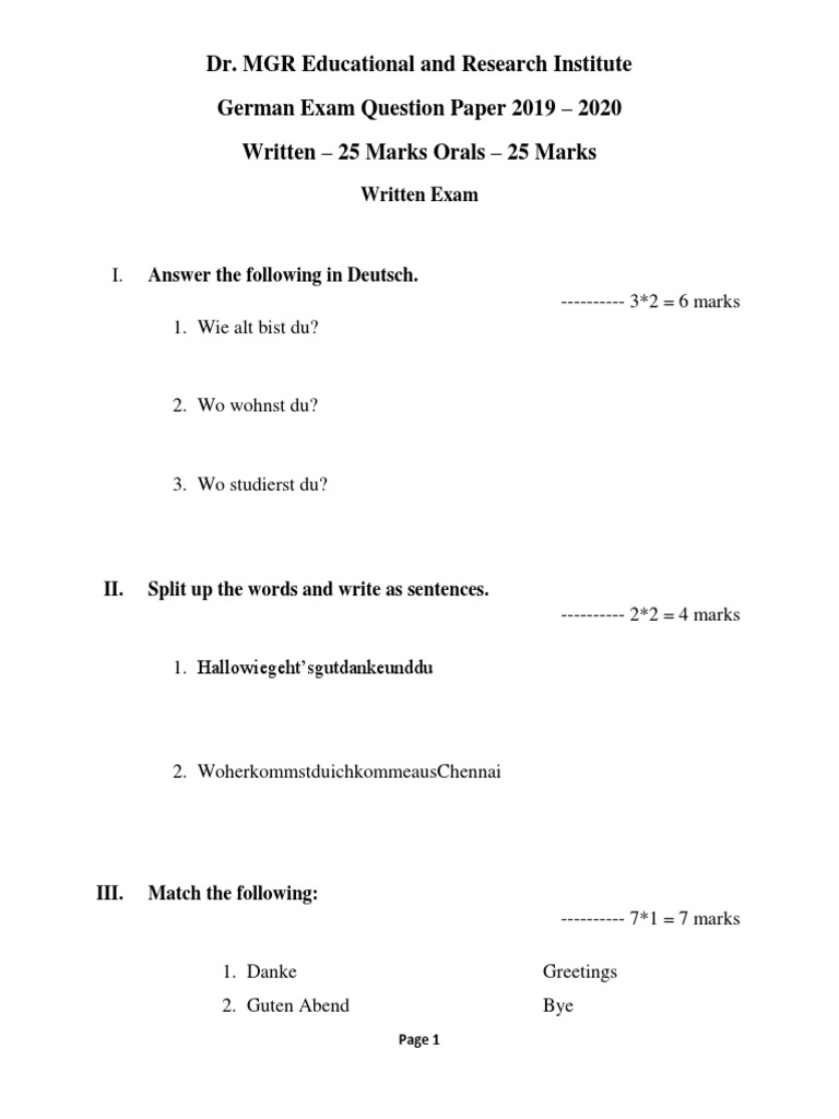 Dr. MGR Educational and Research Institute German Exam Question Paper ...