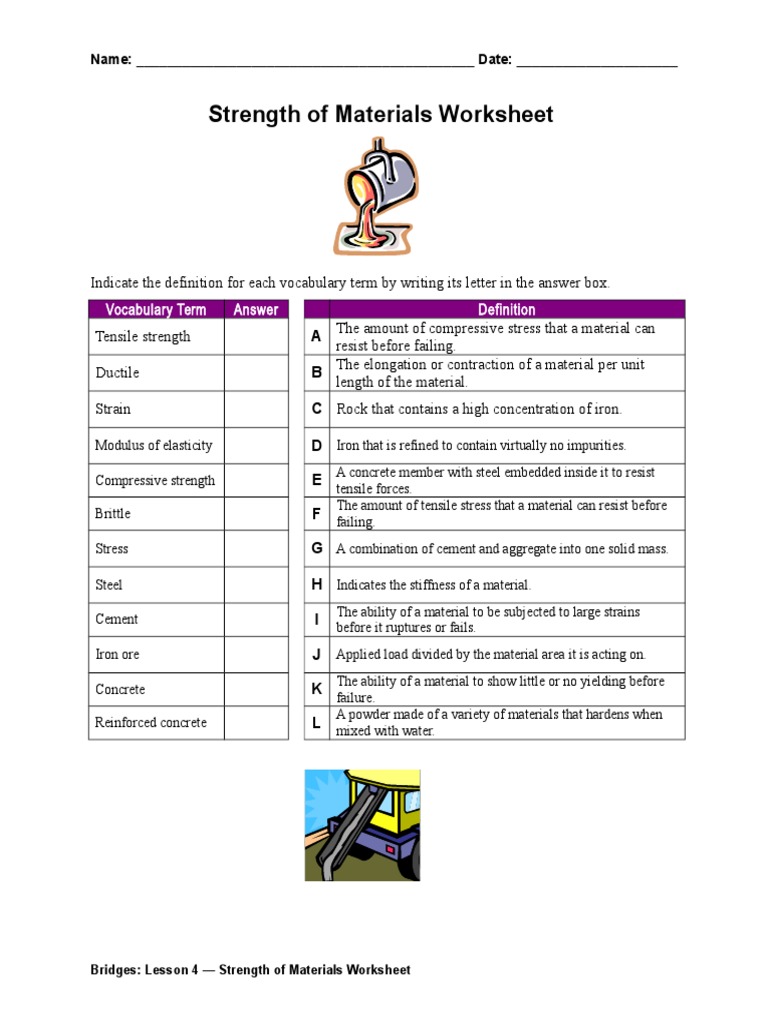 Strength of Materials Worksheet Vocabulary Term Answer PDF