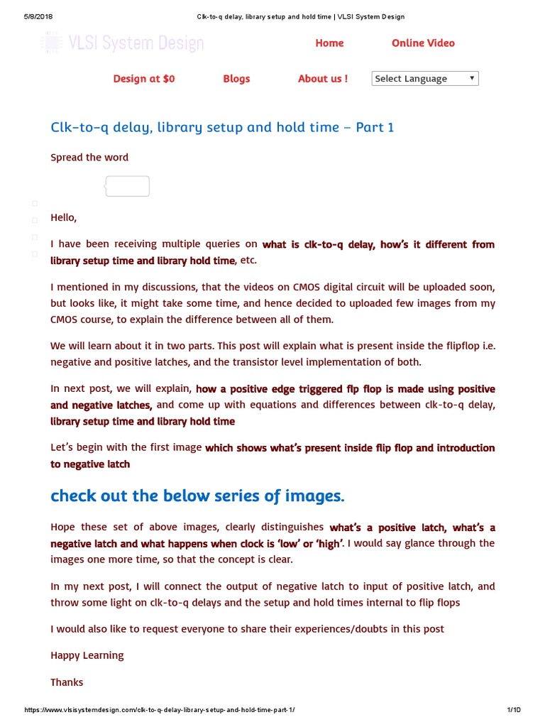 ClkToq Delay, Library Setup and Hold Time VLSI System Design PDF