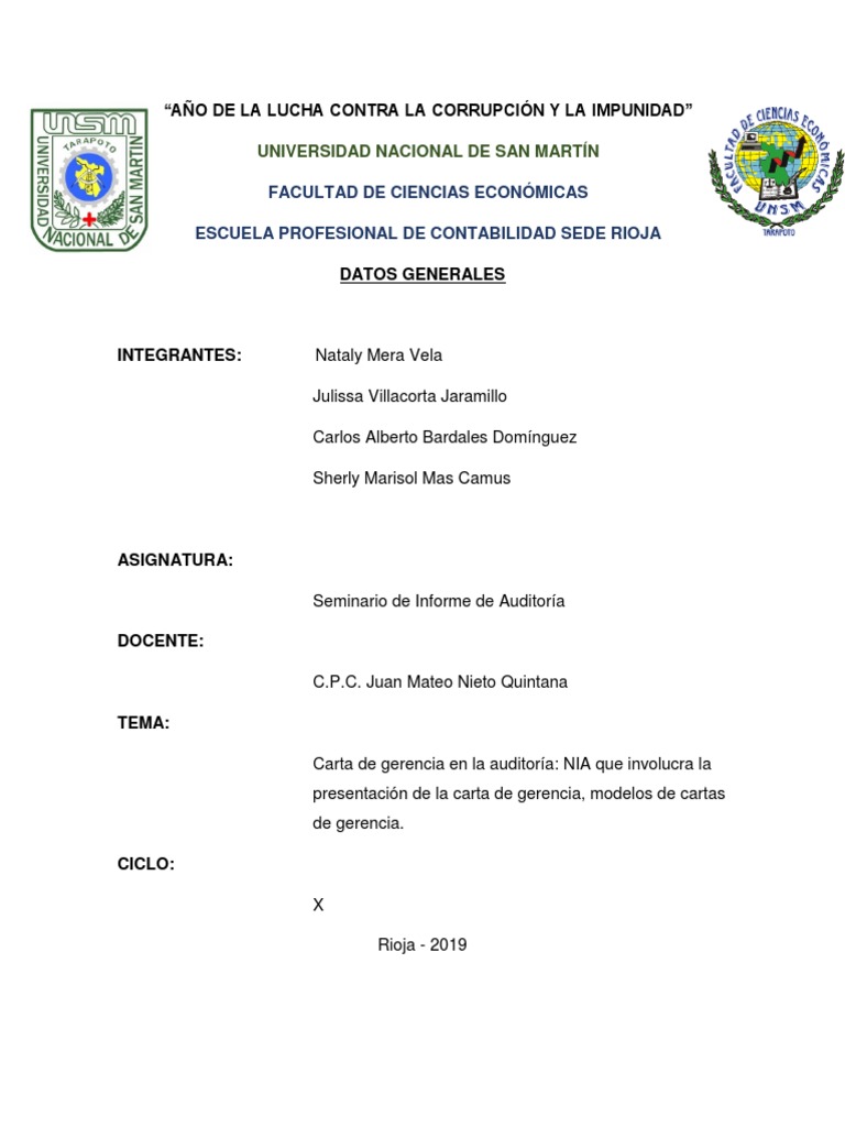 Carta de Gerencia en La Auditoria Auditoría Contabilidad