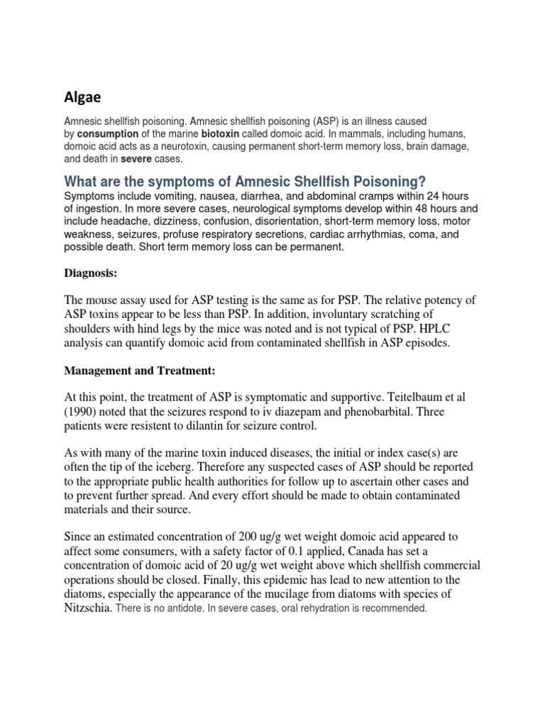 Algae: What Are The Symptoms of Amnesic Shellfish Poisoning? | PDF ...