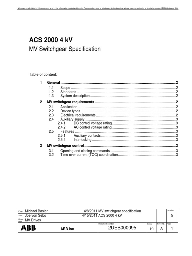 2UEB000095 ACS 2000 4 KV MV Switchgear Specification Rev A Power