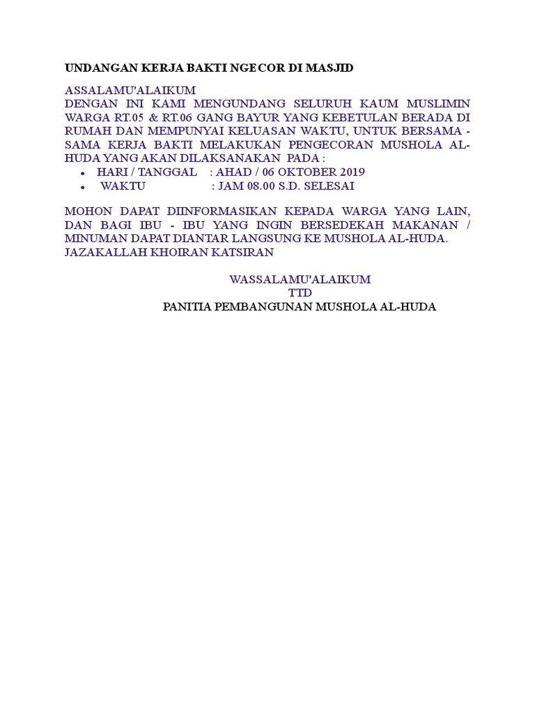 Undangan Kerja Bakti Ngecor Di Mushola Al Huda