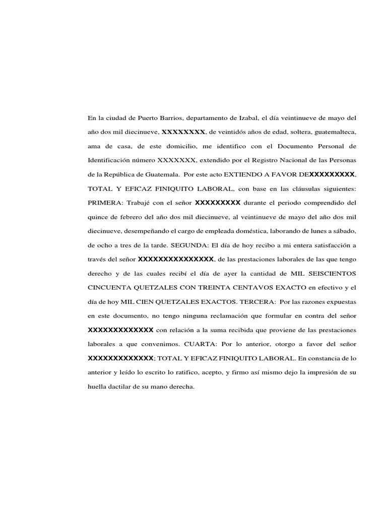 Ejemplo De Finiquito Laboral Pdf