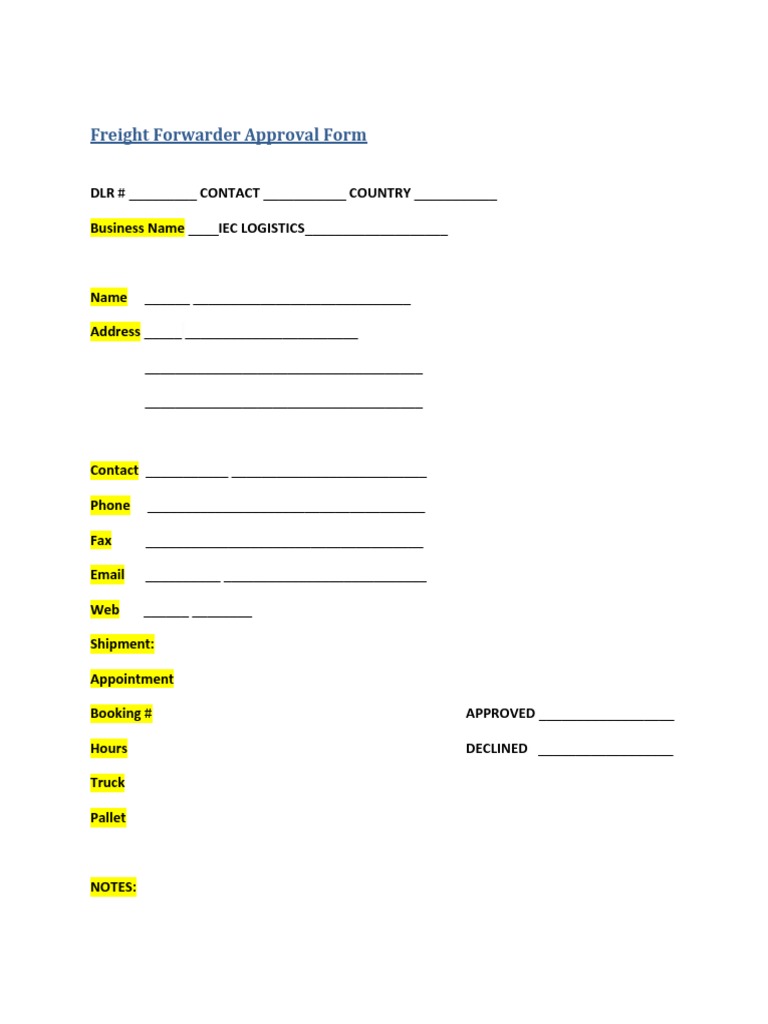 Freight Forwarder Approval Form | PDF | Career & Growth | Finance ...