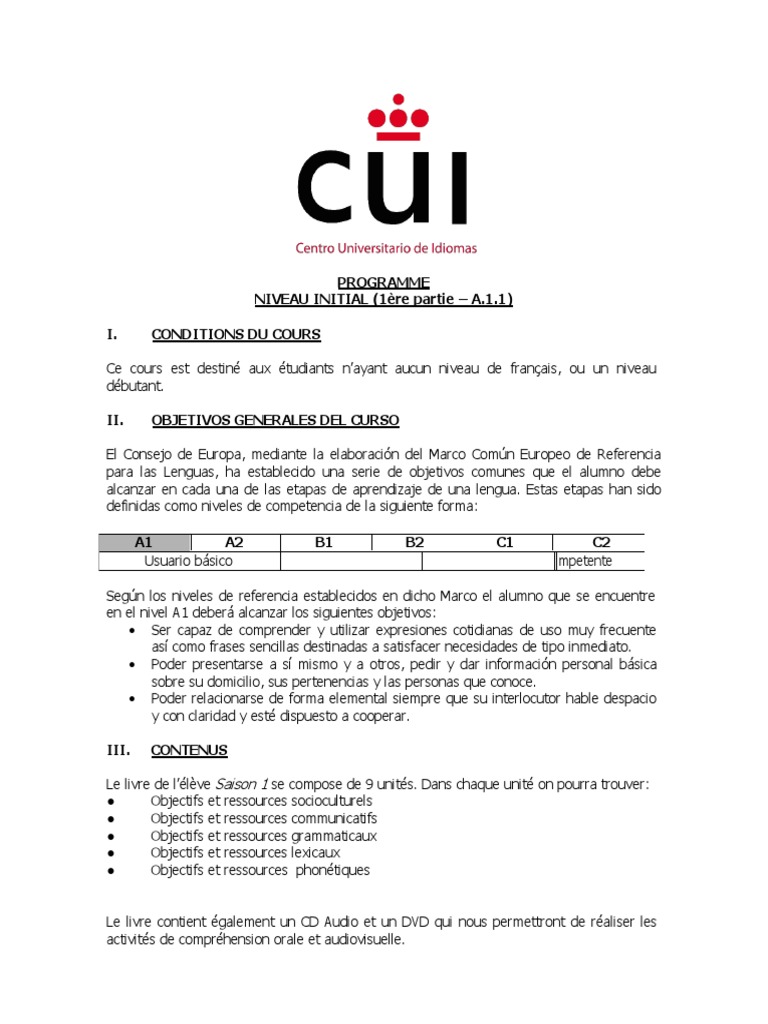 Programme de Français A1.1 | PDF | Langue française | Verbe