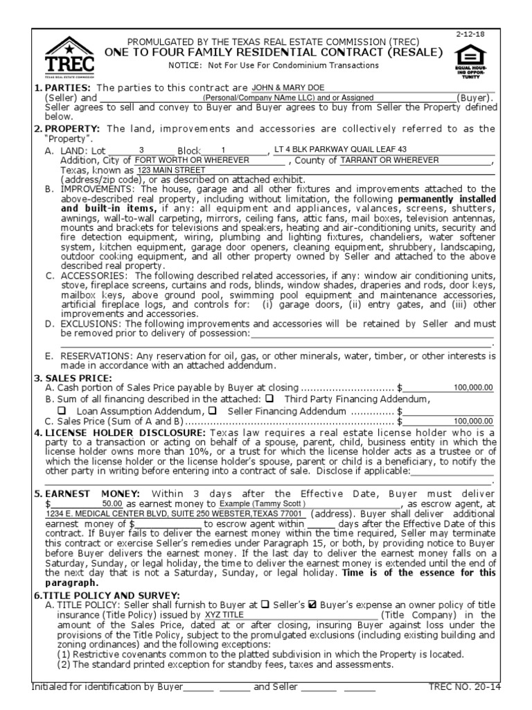 Trec 1 4 Residential Contract