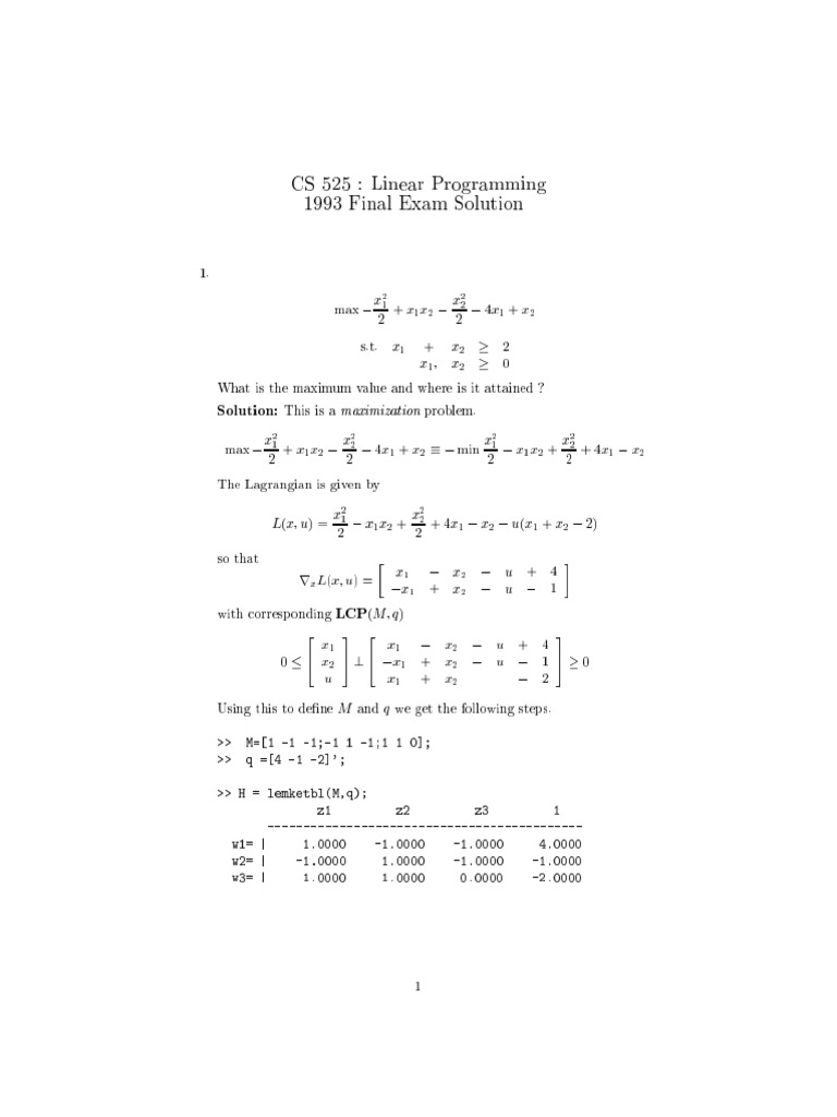 CS 525: Linear Programming 1993 Final Exam Solution | PDF | Linear ...
