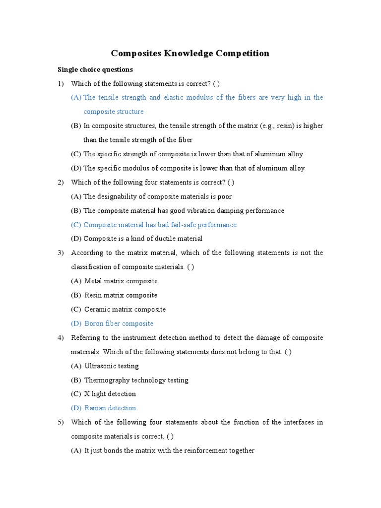 Composite Materials Knowledge Quiz | PDF | Composite Material | Fibers