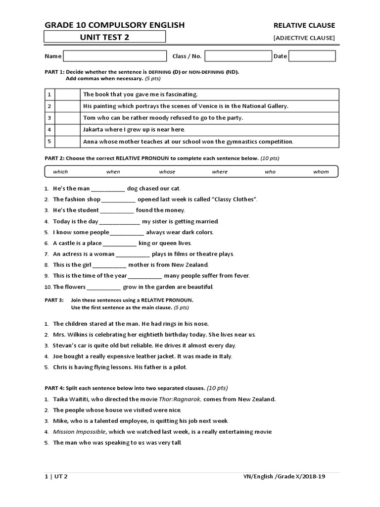 Grade 10 Compulsory English Unit Test 2: Relative Clause | PDF ...