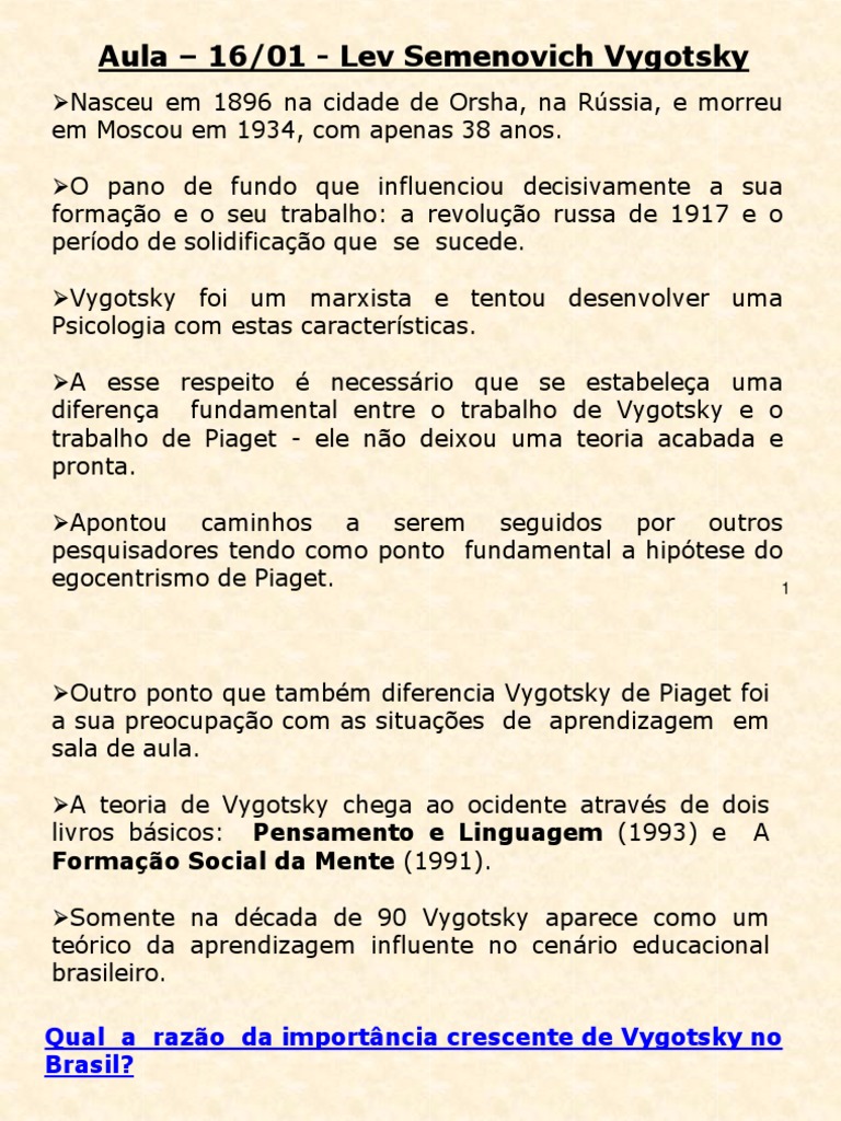 Teoria de Vygotsky: Aprendizagem e Linguagem | PDF | Humano | Aprendizado