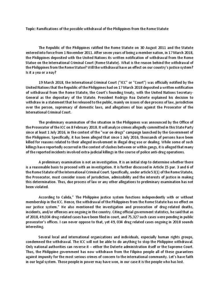 Topic Ramifications of The Possible Withdrawal of The Philippines From