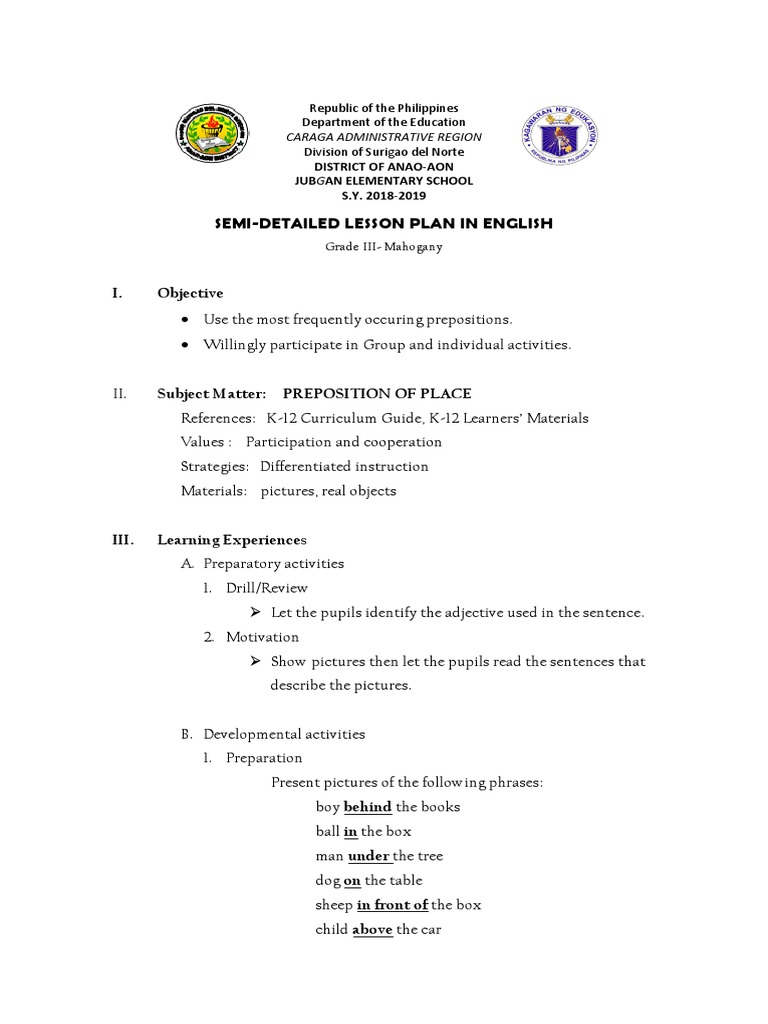 Prepositions Lesson Plan for Grade 3 | PDF | Preposition And ...