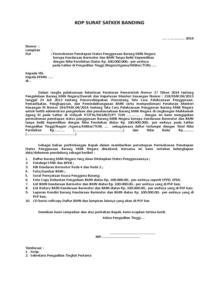 Format Surat Permohonan PSP BMN Kendaraan Bermotor Dan BMN Diatas