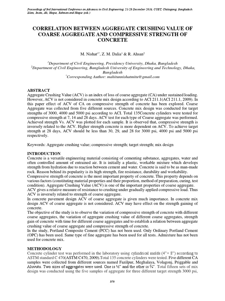 Correlation Between Aggregate Crushing Value of Coarse Aggregate and